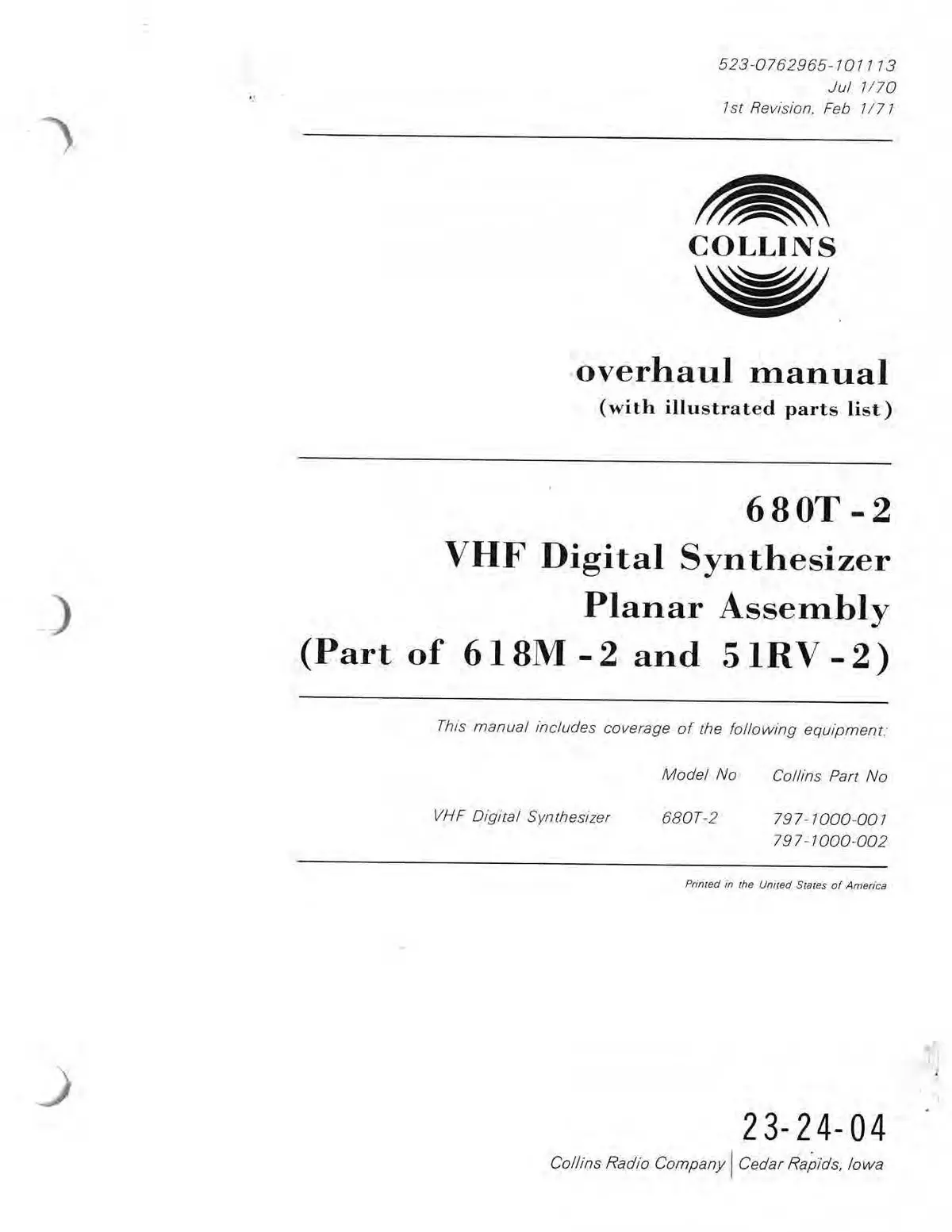 Collins 680T-2 1970 Overhaul Manual With Illustrated Parts List (523-0762965-101) 1