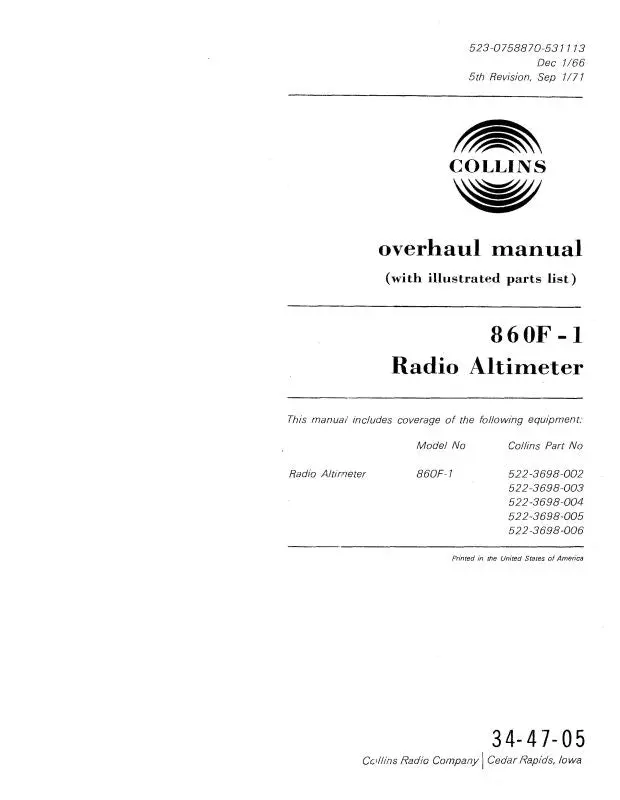 Collins 860F-1 Radio Altimeter Overhaul With Parts List (523-0758870-531) 1