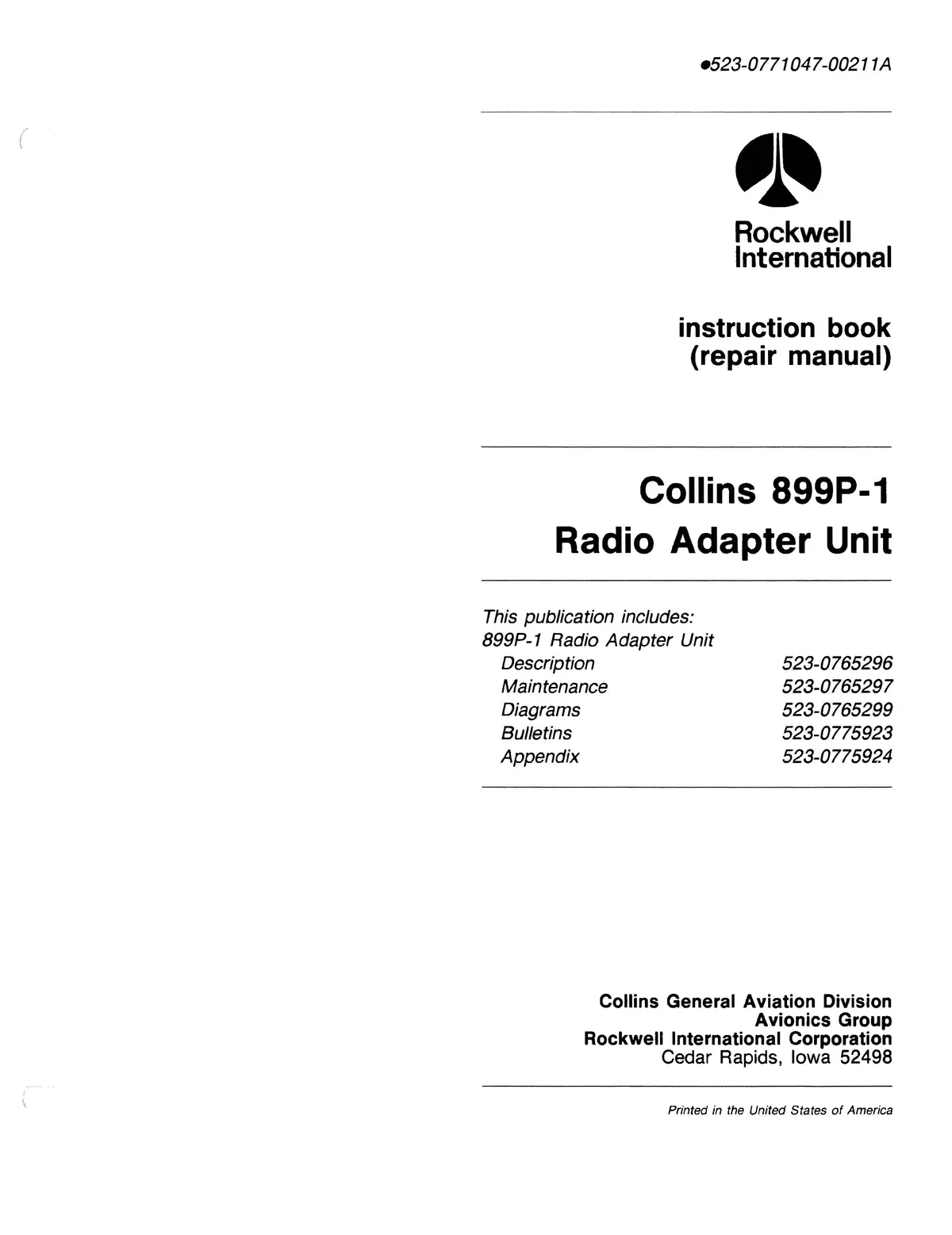 Collins 899P-1 Radio Adapter Unit 1989 Instruction Book-Repair Manual (523-0771047-00211A) 1