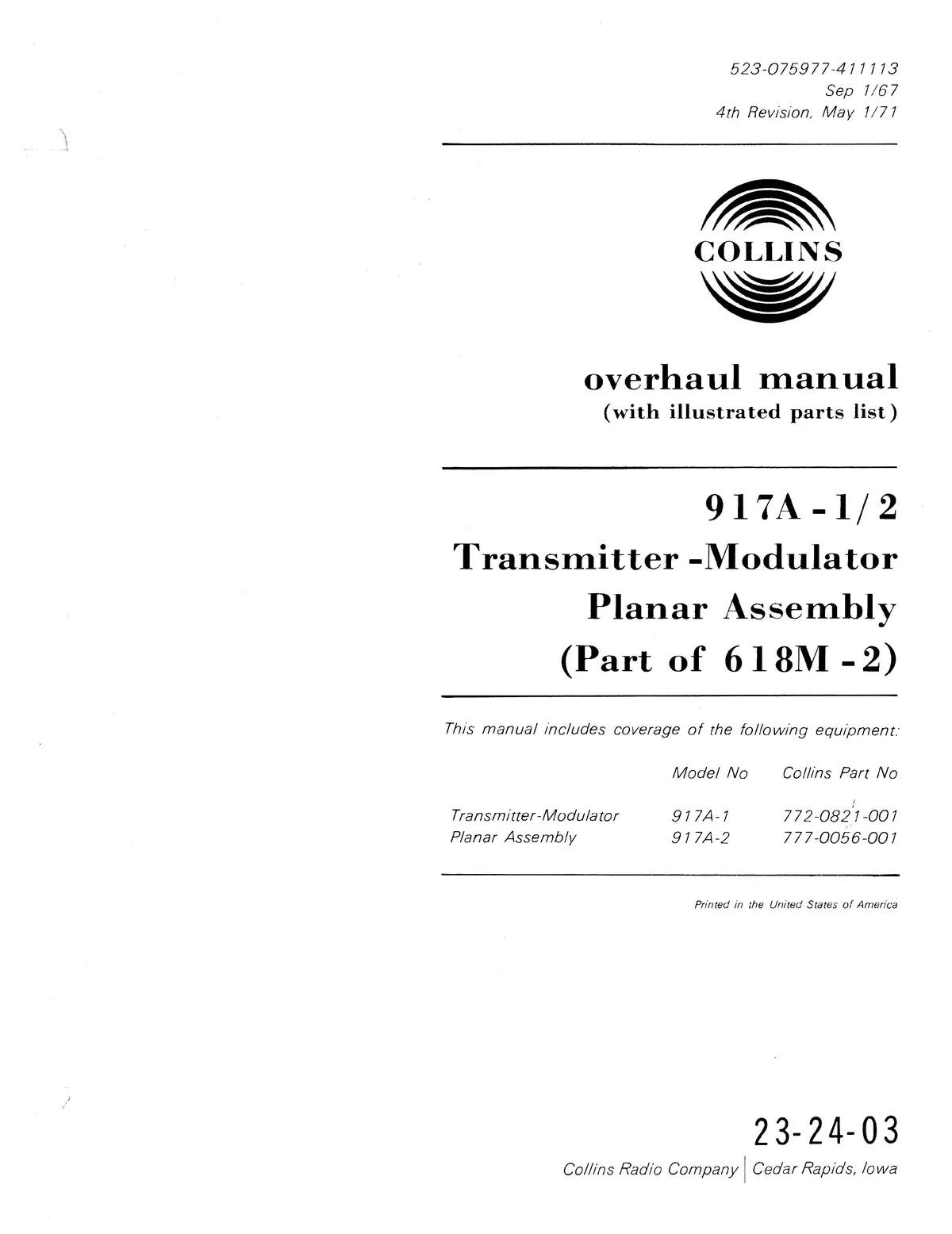 Collins 917A-1-2 (Part Of 618M-2) 1967 Overhaul Manual (With Illustrated Parts List) (523-075977-411113) 1