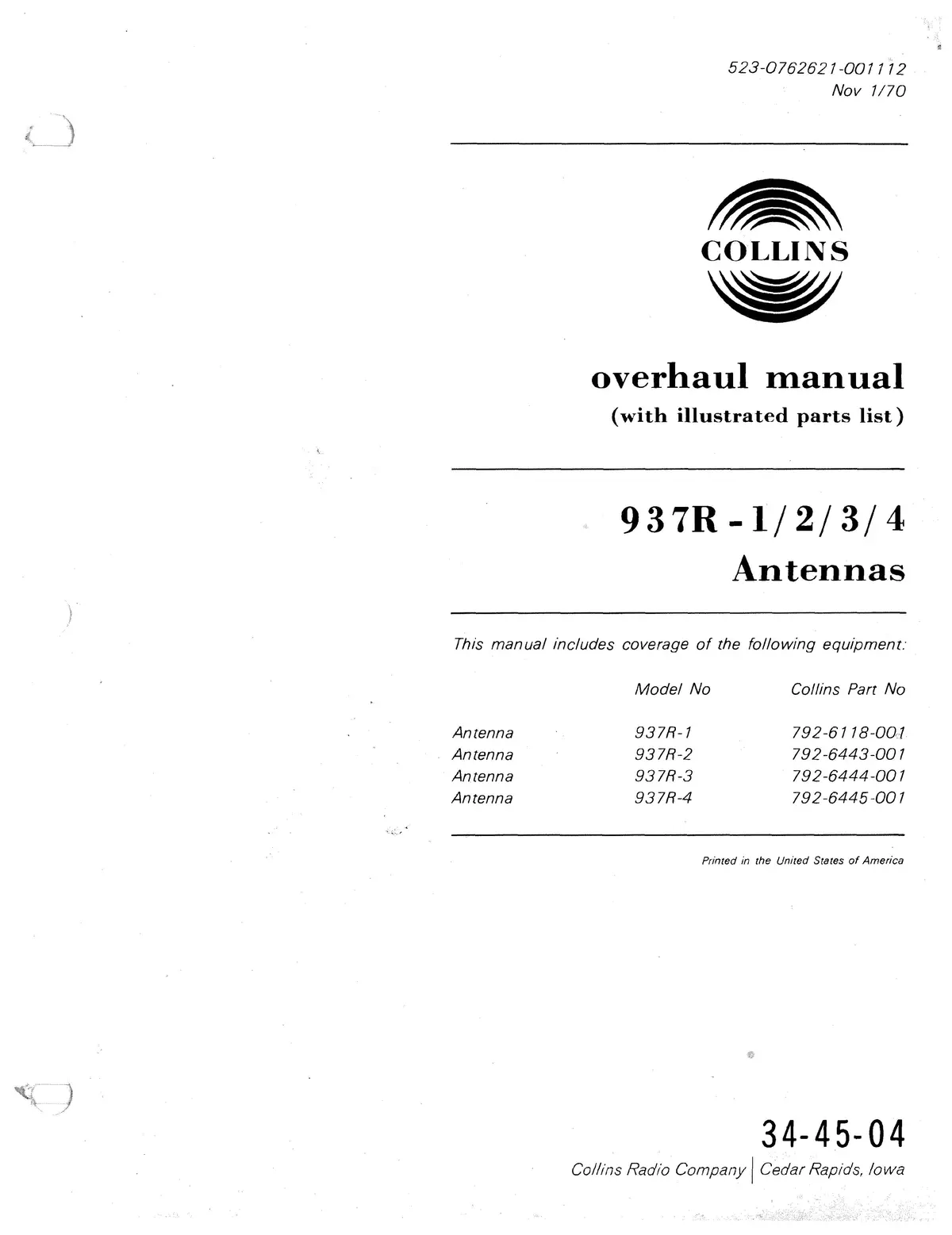 Collins 937R-1-2-3-4 Antennas 1970 Overhaul Manual (With Illustrated Parts List) (523-0762621-001112) 1