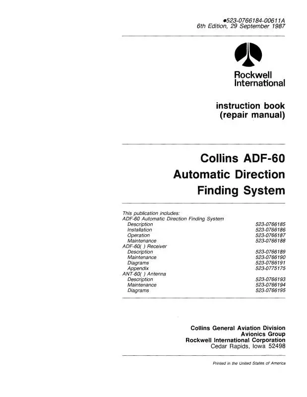 Collins Adf-60 1977 Instruction Book (523-0766184-002) 1