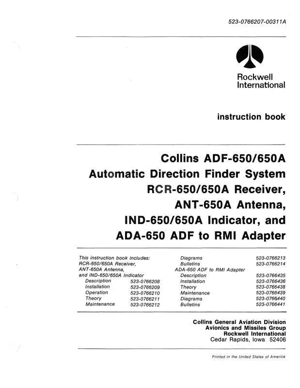 Collins Adf-650 Adf Receiver 1977 Instruction Book (523-0767919-001) 1