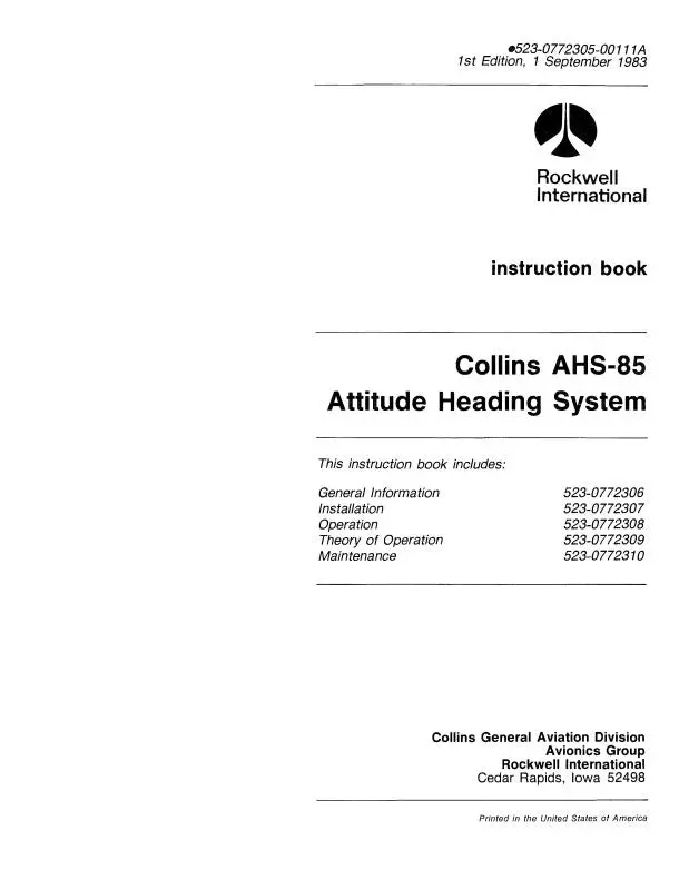 Collins Ahs-85 Attitude Heading System Instruction Book (523-0772305-001) 1