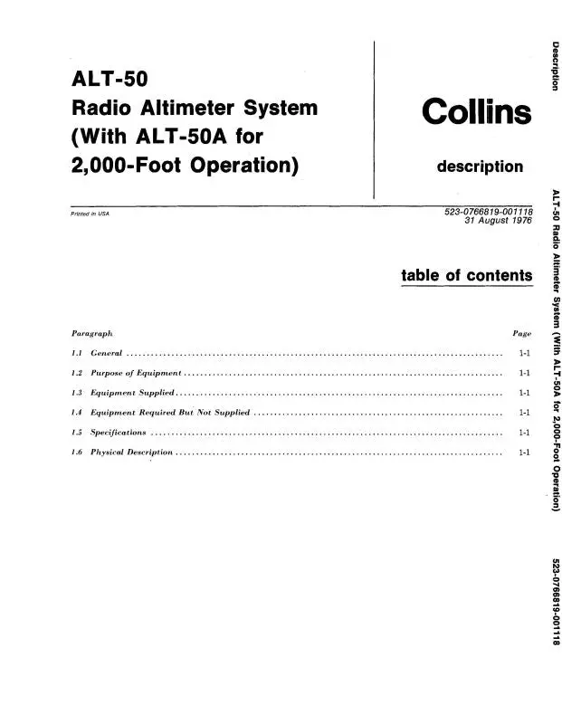 Collins Alt-50, -50A Radio Altimeter Sys Instruction Book (523-0766819-001) 1
