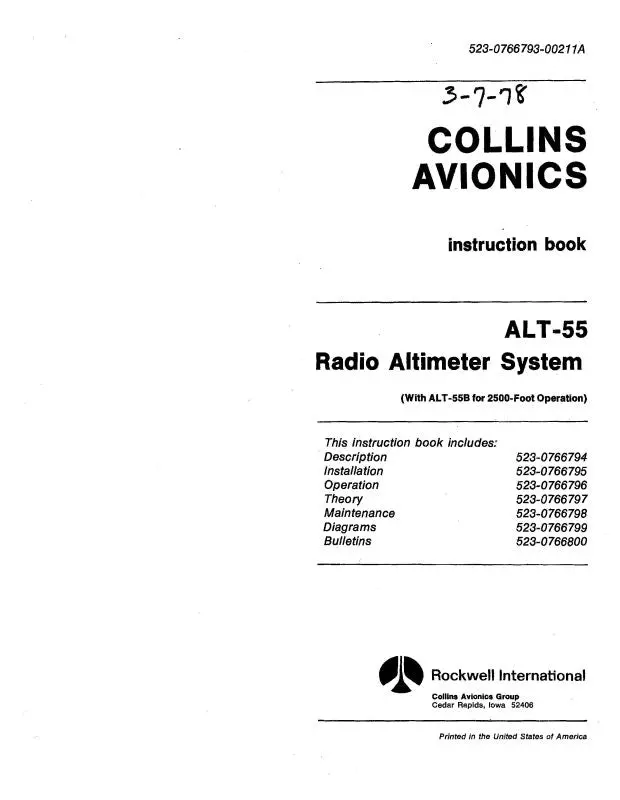Collins Alt-55,Alt-55B&Ali-55-55A 1978 Instruction Book (523-0766794-003) 1