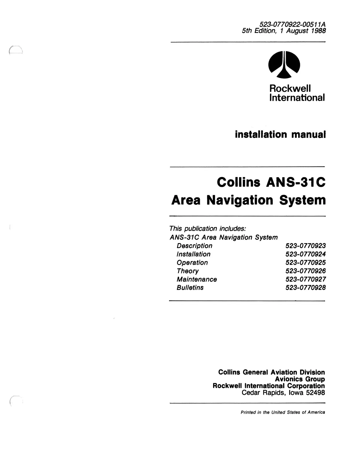 Collins Ans-31C Area Navigation System Installation Manual (523-0770922-003) 1