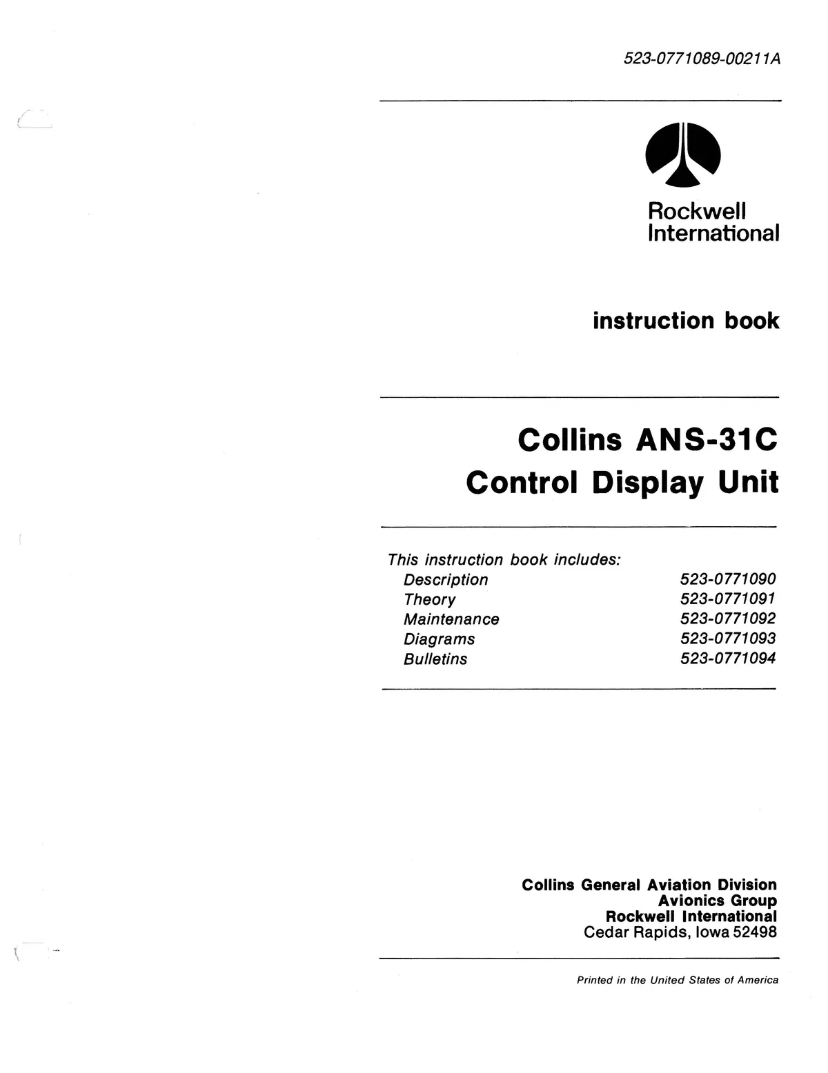 Collins Ans-31C Control Display Unit Instruction Book (523-0771089-00211A) 1