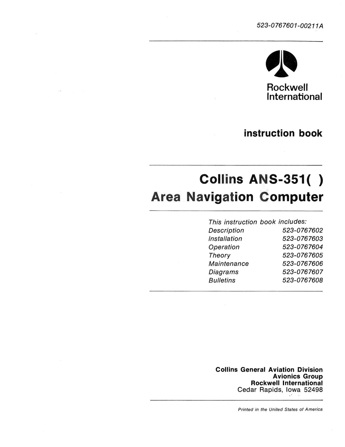 Collins Ans-351 Area Navigation Computer Instruction Book (523-0767602-002118) 1
