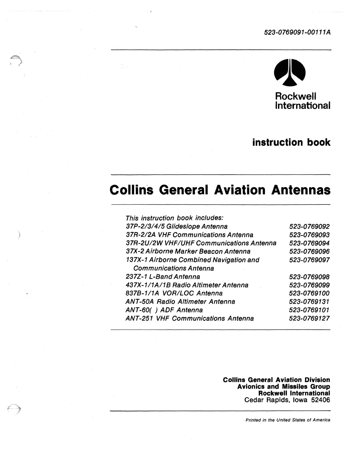 Collins General Aviation Antennas 1978 Instruction Book (523-0769091-00111A) 1