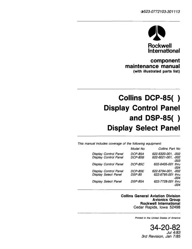 Collins Dcp-85( ) & Dsp-85( ) 1983 Component Maintenance Manual W-Illustrated Parts List (523-0772103-301) 1