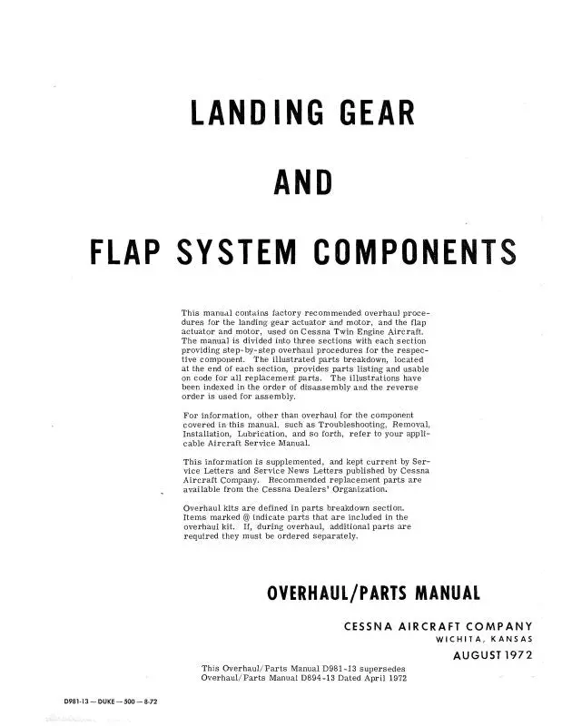 Cessna Landing Gear & Flap Sys. Components Overhaul-Parts (D981-13) 1