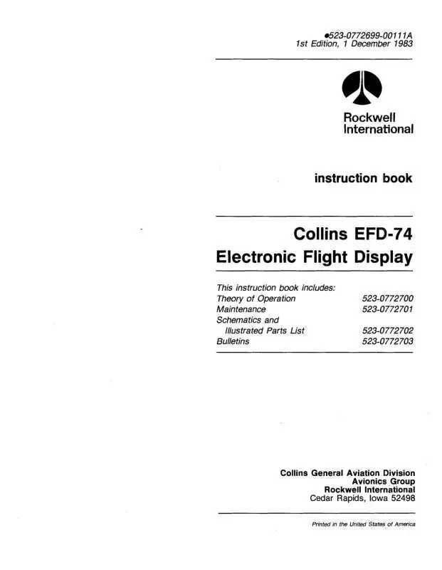 Collins Efd-74 Electronic Flt. Display Instruction Book (523-0772699-001) 1