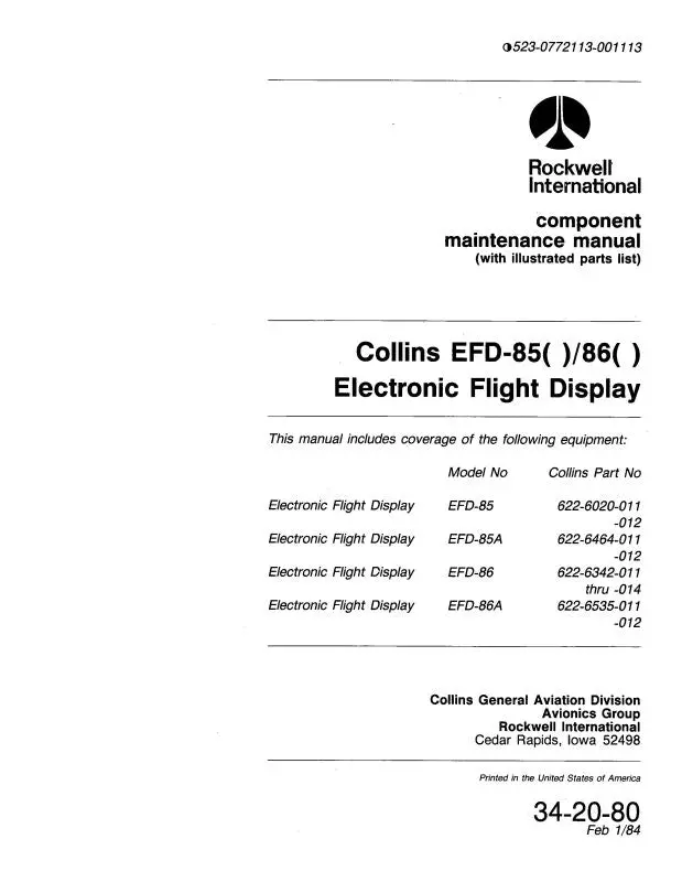 Collins Efd-85( )-86( ) 1984 Component Maintenance Manual (523-0772113-001) 1