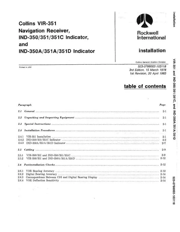 Collins Ind-350A-351A-351D Indicator Installation Book (523-0768914) 1