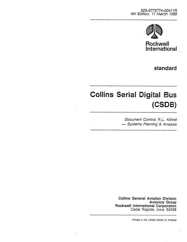 Collins Serial Digital Bus (Csdb) 1985 Planning & Analysis Manual (523-0772774-004) 1