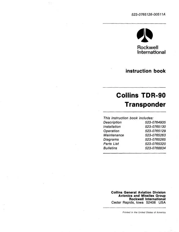 Collins Tdr-90 Transponder 1978 Instruction Book (523-0764935-004) 1