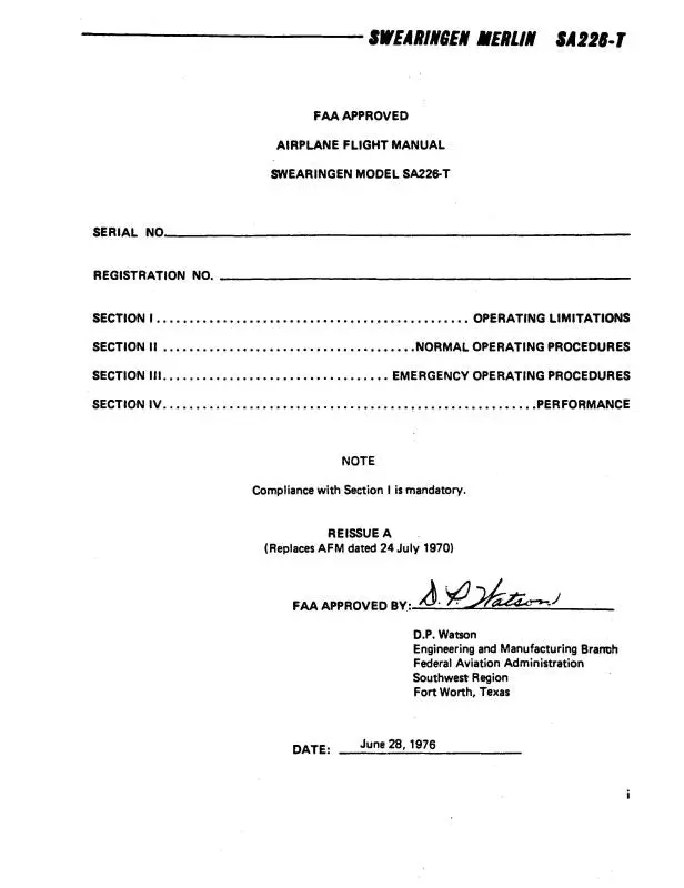 Merlin Aircraft Sa-226T Merlin Iii Flight Manual 1