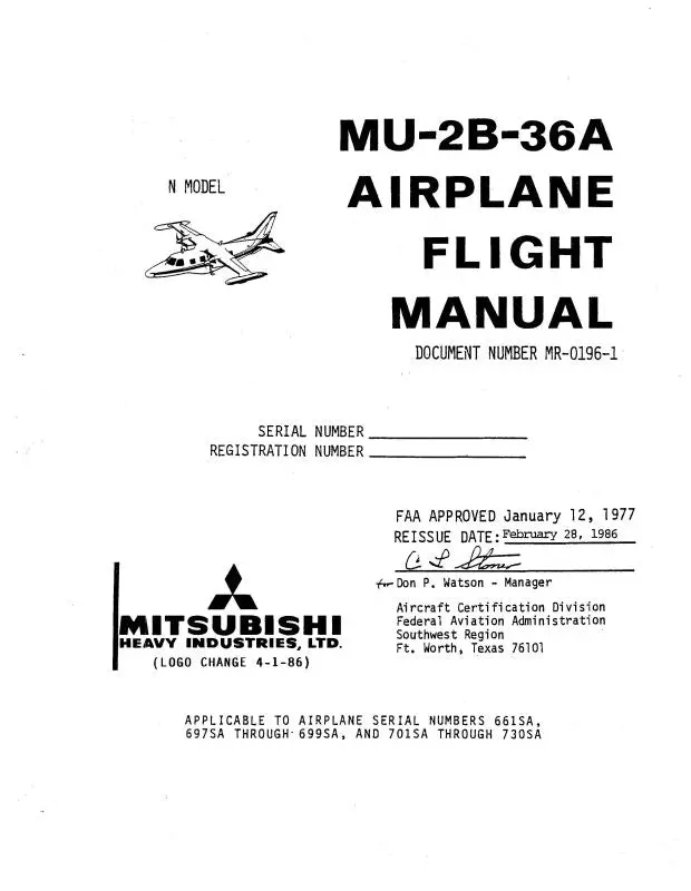 Mitsubishi Heavy Industries Mitsubishi Mu-2B-36A 1977 Flight Manual Supplement 1