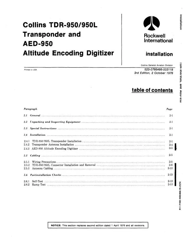 Collins Tdr-950-950L Transponder 1976 Instruction Book (523-0766465-002) 1