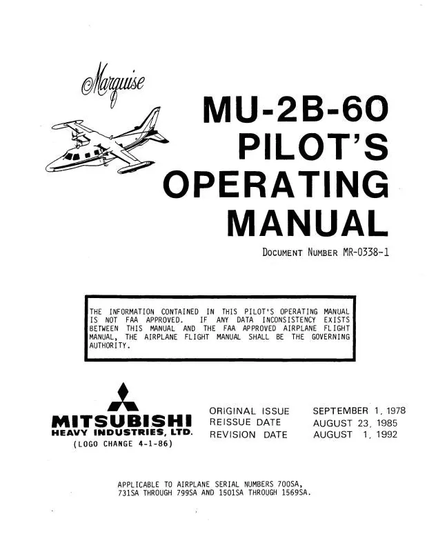 Mitsubishi Heavy Industries Mu-2B-60 Series Pilot's Operating Manual 1