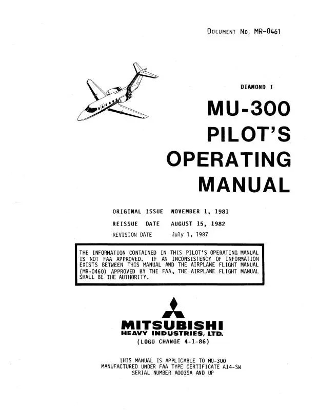 Mitsubishi Heavy Industries Mu-300 Diamond I 1981 Pilot's Operating Manual 1