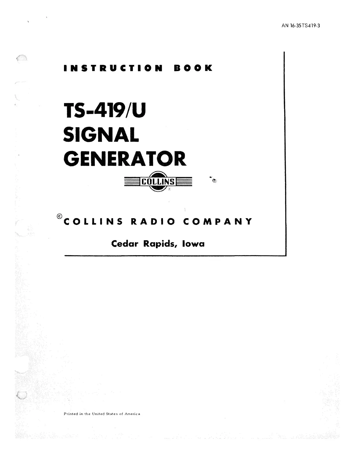 Collins Ts-419U Signal Generator Instruction Book (An-16-35Ts419-3) 1