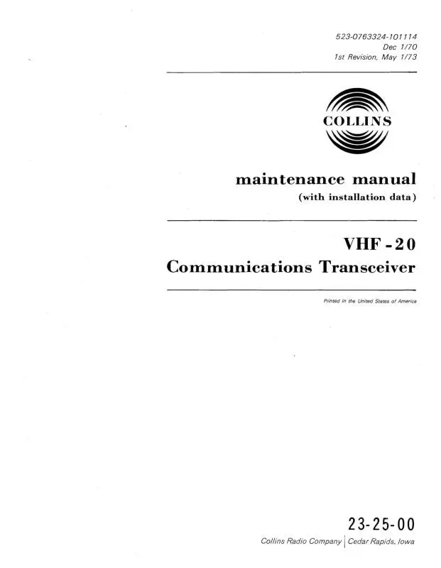 Collins Vhf-20 Comm Transceiver 1970 Maintenance Manual With Installation Data (523-0763324-001) 1