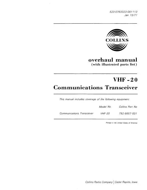 Collins Vhf-20 Comm Transceiver 1971 Overhaul Manual With Illustrated Parts List (523-0763323-101) 1
