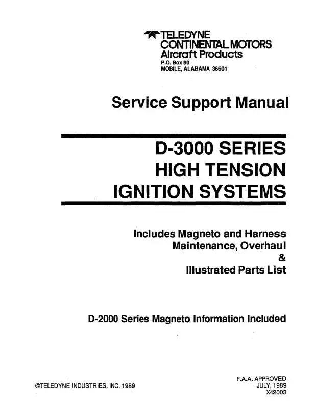 Continental D-3000 Series 1989 Magneto & Harness Maintenance, Overhaul, Parts (X42003) 1