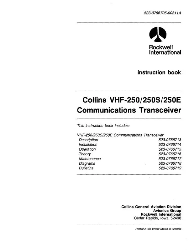 Collins Vhf-250-250S-250E Com. Receiver Instruction Book (523-0766705-002) 1