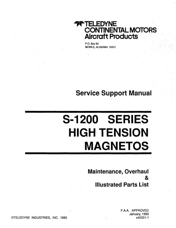 Continental S-1200 Series Magnetos 1990 Maintenance, Overhaul, Parts (X42001-1) 1