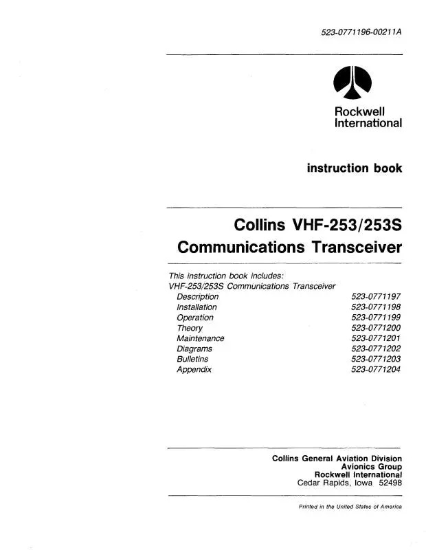 Collins Vhf-253-253S Comm. Transceiver Instruction Book (523-0771196-001) 1