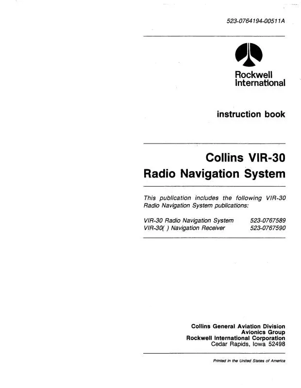 Collins Vir-30 Radio Nav. System 1987 Instruction Book (523-0764194-005) 1