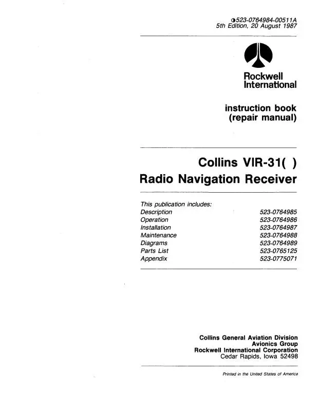 Collins Vir-31( ) Navigation Receiver Instruction Book (523-0764984-005) 1