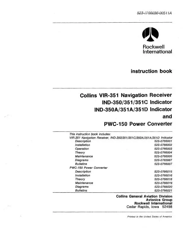 Collins Vir351,Ind-350-351-351C Indicator Installation Manual (523-0766002-002) 1