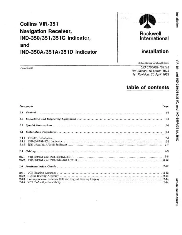 Collins Vir351,Ind-350-351-351C Indicator Installation Manual (523-0766001) 1