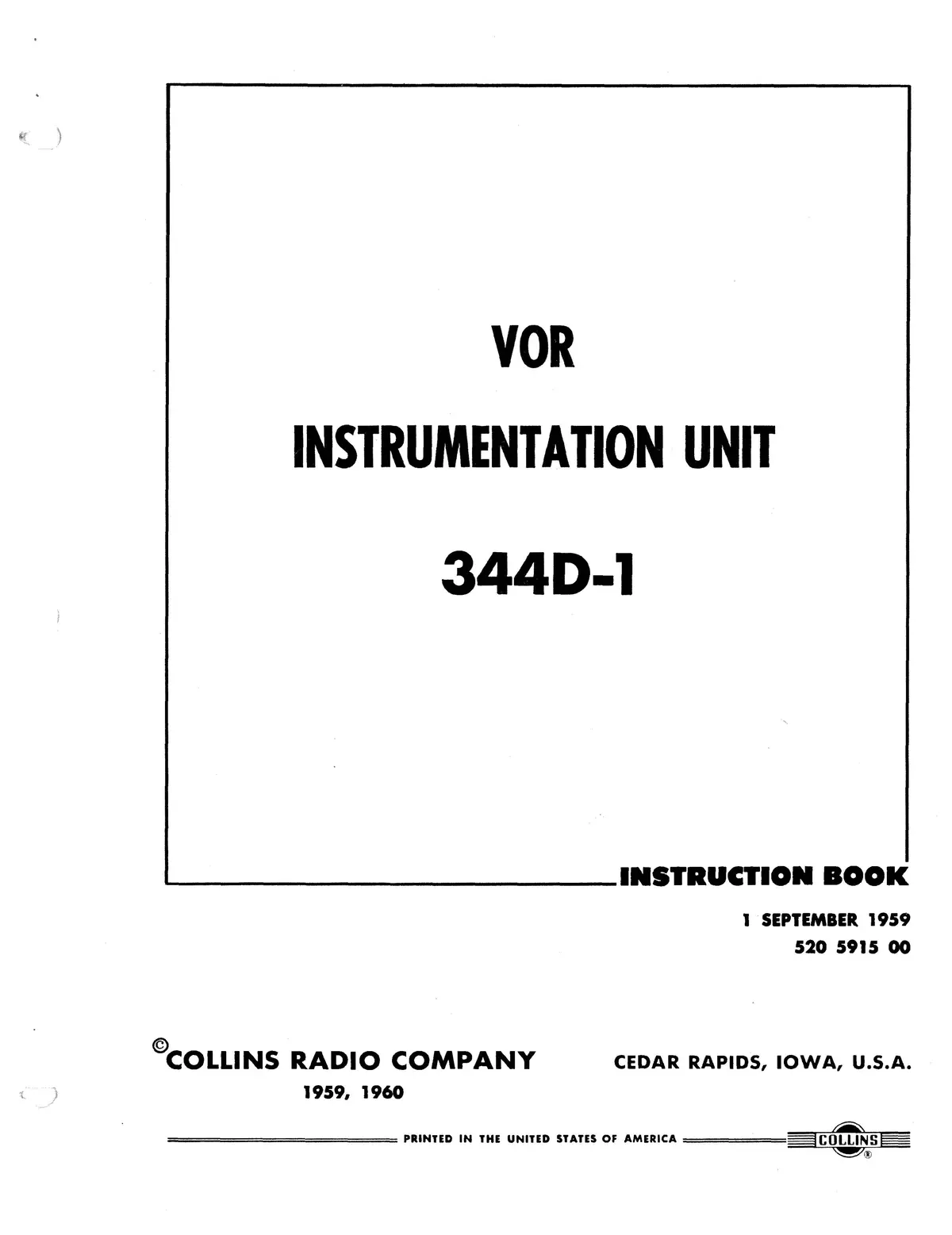 Collins Vor Instrumentation Unit 344D-1 1959 Instruction Book (520-5915-00) 1