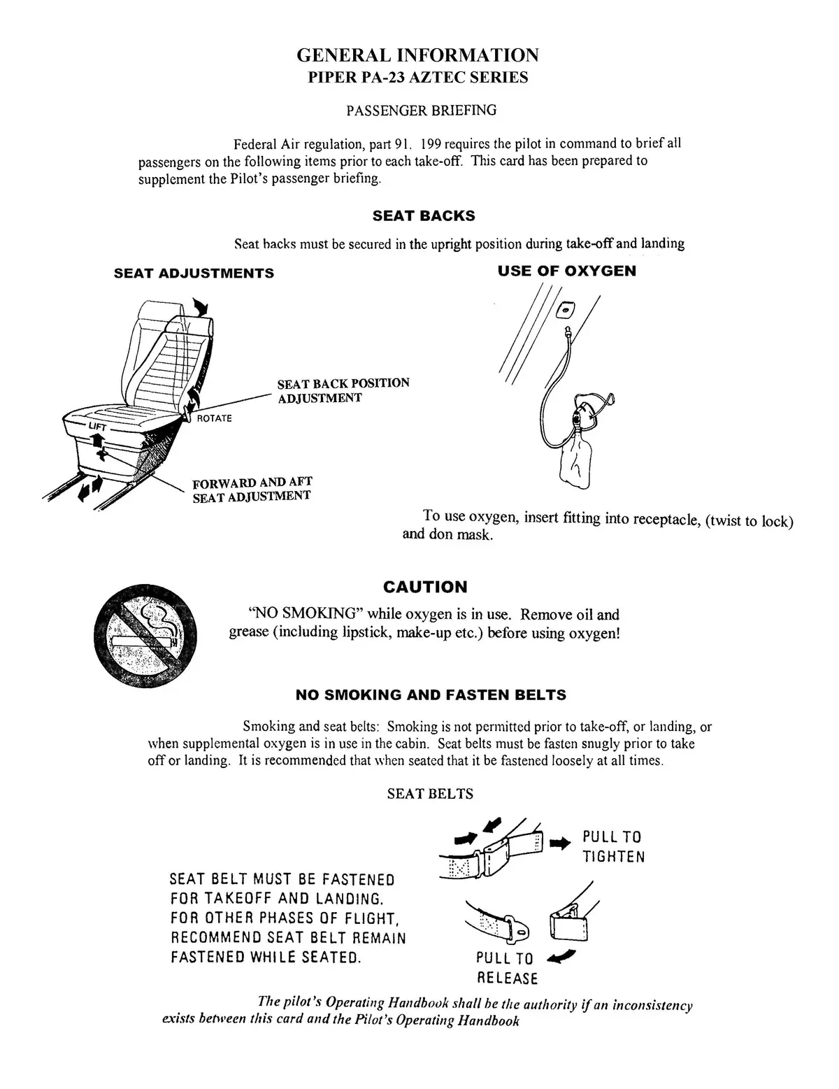 Piper Pa-23-250 Aztec "C" (1966-1968) Passenger Briefing Cards 1