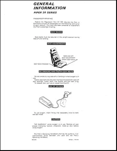 Piper Pa-28Ser Pbc C Cherokee Arrow Ii (1972-1973) Passenger Briefing Cards 1