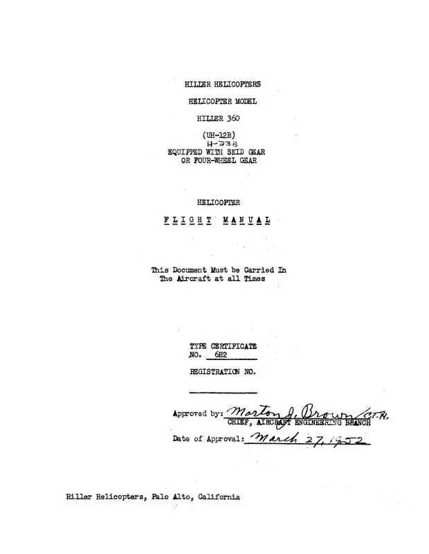 Hiller Helicopters Uh-12B Helicopter 1952 Flight Manual, Equipped With Skid Gear Or Four Wheel Gear (Hiuh12b-F-C) 1