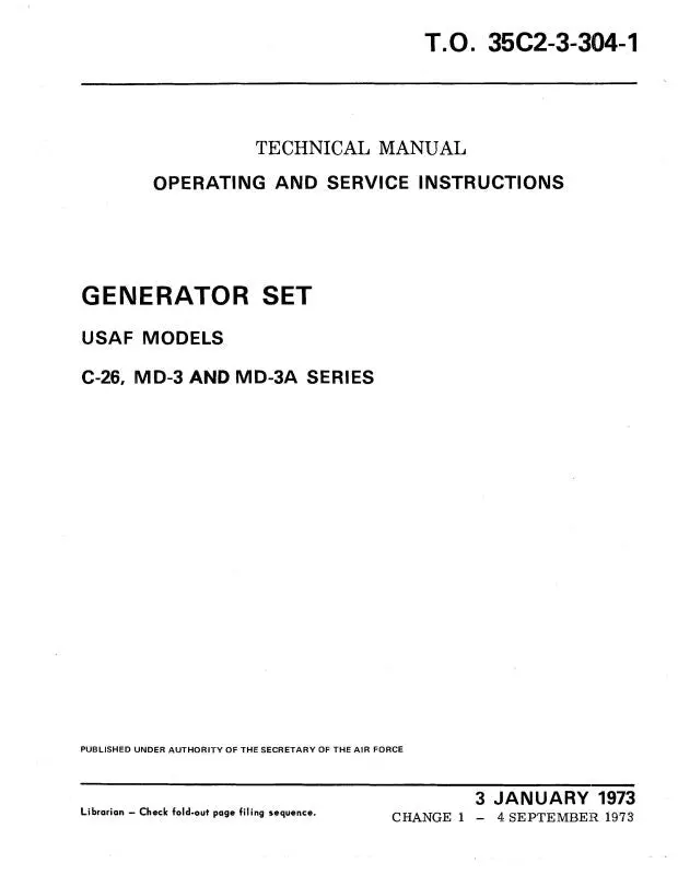 Beech C-26, Md-3, Md-3A Generator Set Generator Set Usaf, Operating & Service Instructions (35C2-3-304-1) 1