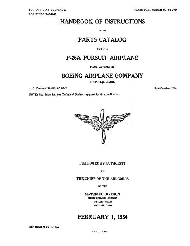Boeing P-26A Pursuit Airplane Parts Catalog (01-20D) 1