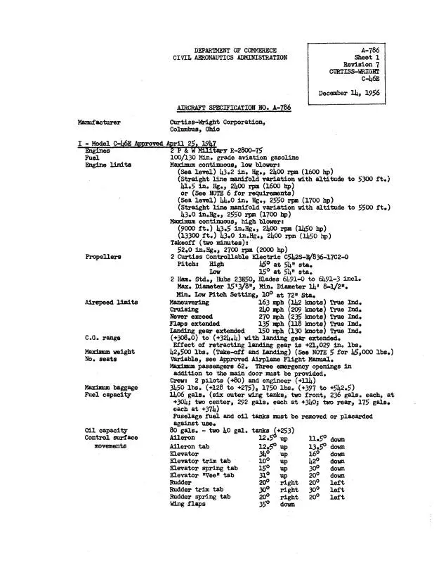 Curtiss-Wright C-46E  No. A-786 Aircraft Specifications (A-786) 1