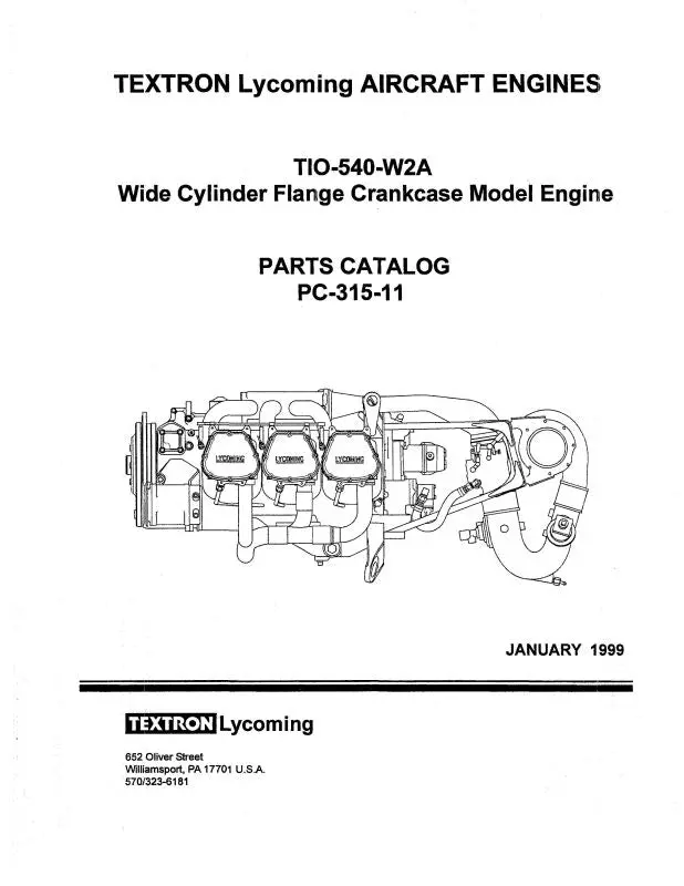 Lycoming Tio-540-W2a 1999 Parts Catalog Pc-315-11 (Pc-315-11) 1
