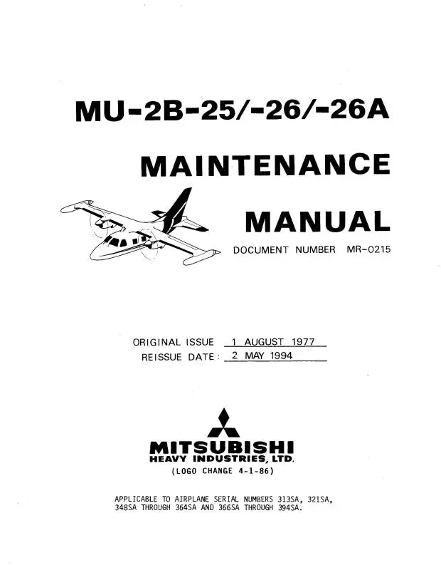 Mitsubishi Heavy Industries Mu-2B-25--26--26A Maintenance Manual (Mr-0215) 1