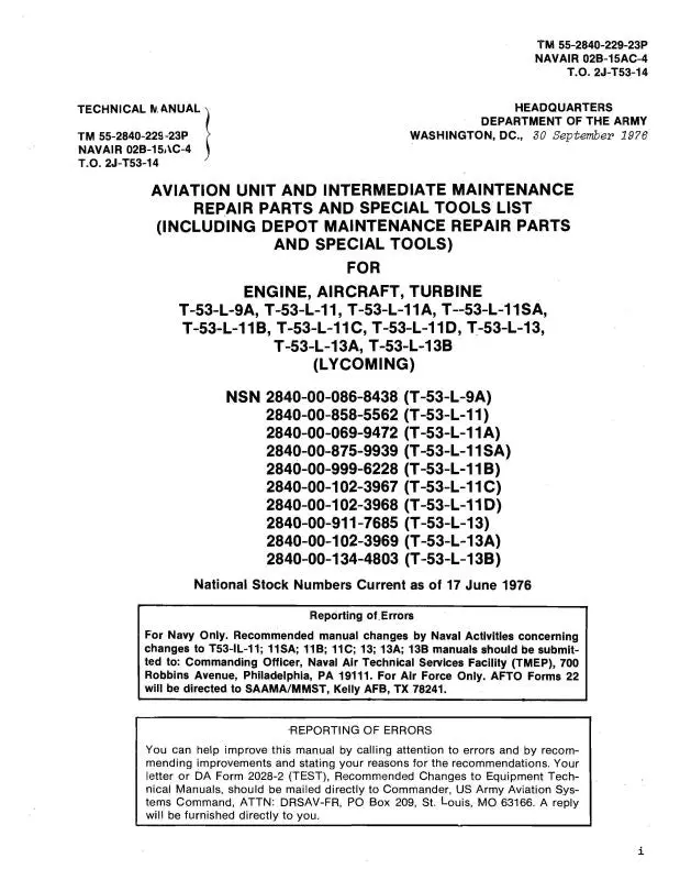 Lycoming T53-L-9A, -11, -13 Parts Manual (55-2840-229-23-P) 1