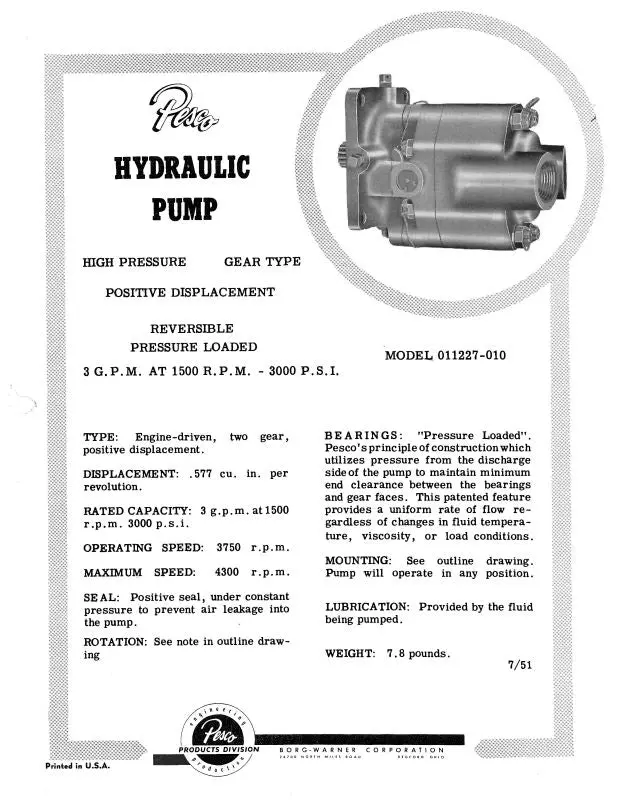 Pesco Hydraulic Pump Aircraft Specifications Aircraft Specifications (Pehydraulicpump-Sp-C) 1