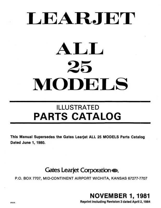 Learjet All 25 Models 1981 Illustrated Parts Catalog (Le25-81-P-C) 1