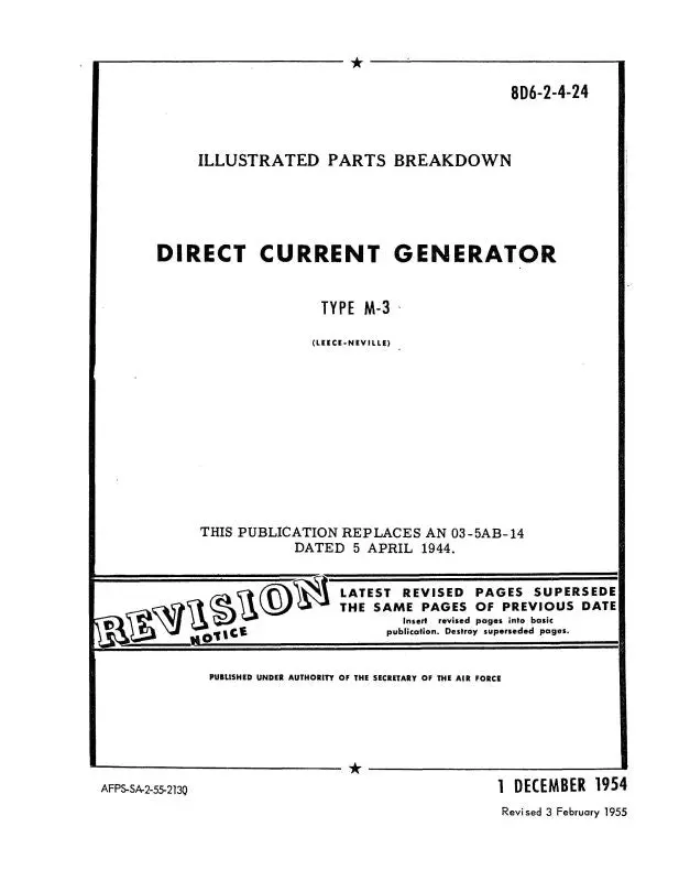 Leese Neville M-3 Generator 1954 Illustrated Parts Catalog (8D6-2-4-24) 1